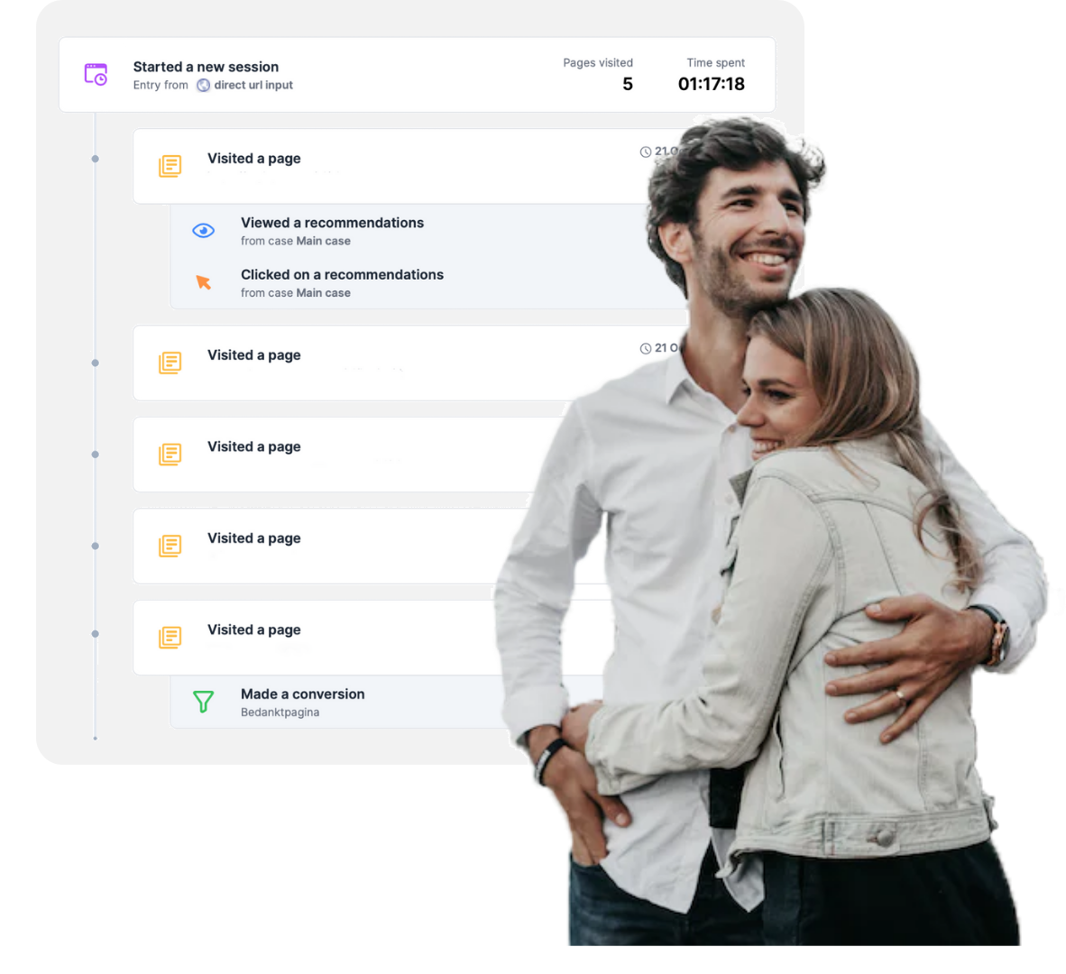 Couple hugging in front of website journey