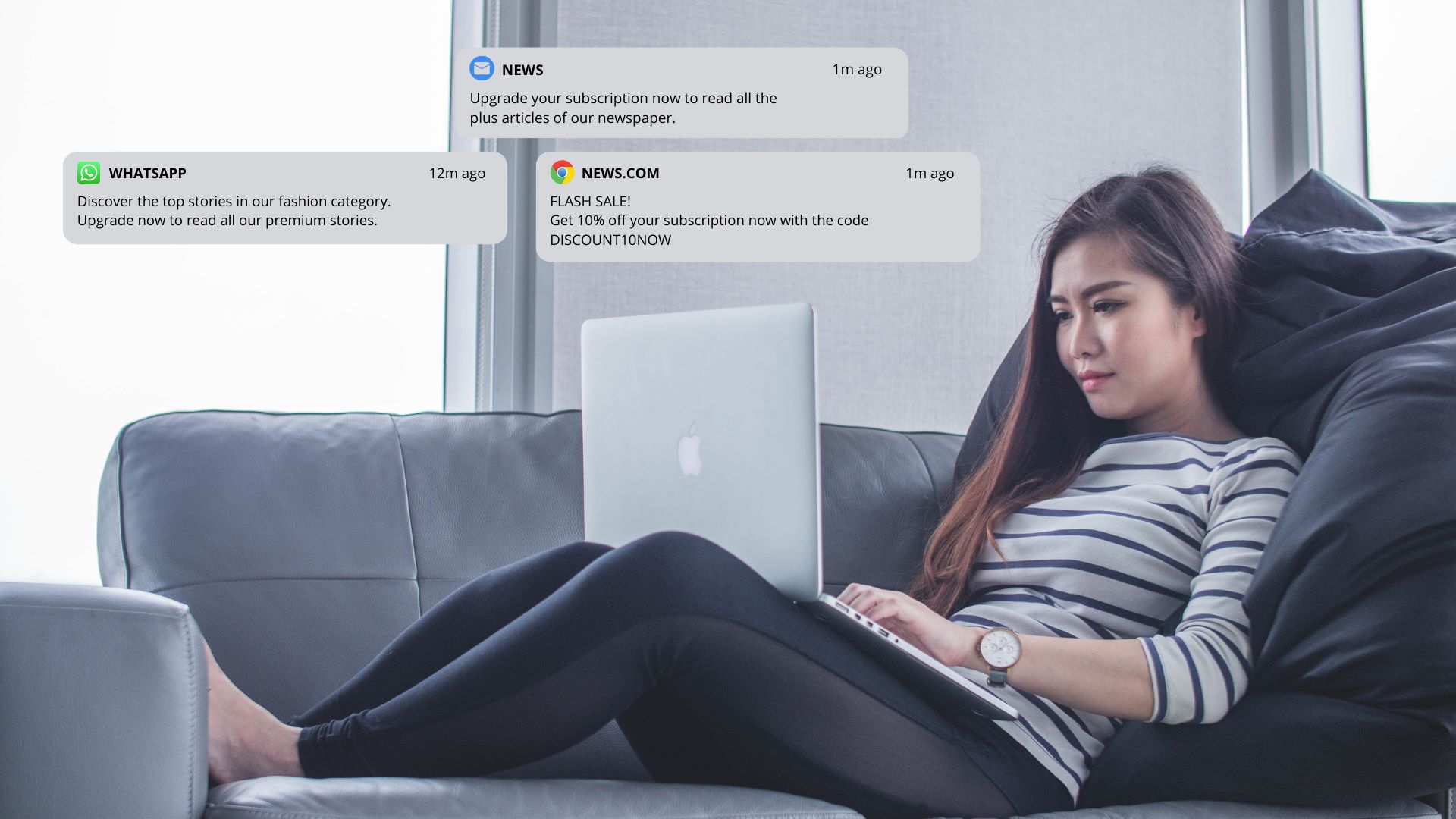  Woman looking at her laptop surrounded by notifications